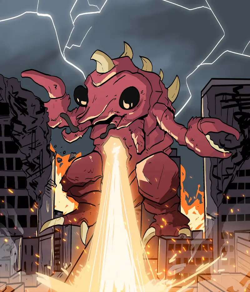 The Crawju kaiju looms over a burning city, its mouth glowing white as lightning splits the sky behind collapsing skyscrapers.